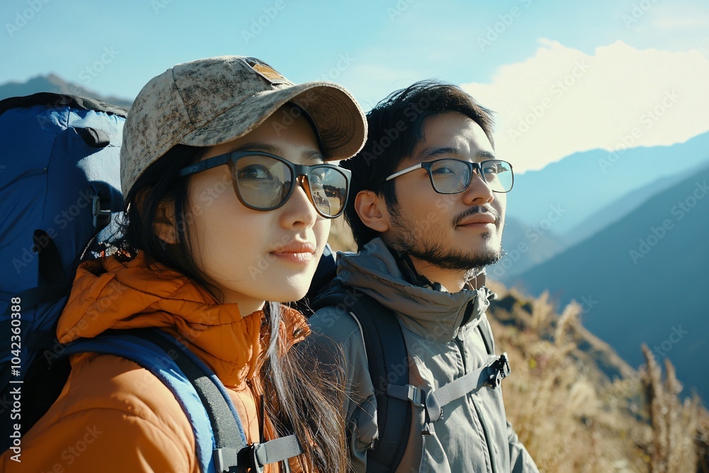 Portrait of a couple hiking, adventurous expressions, mountain background, daylight, medium shot, side angle 5 Portrait of a couple hiking, adventurous expressions, mountain background, daylight, medium shot, side angle 5
