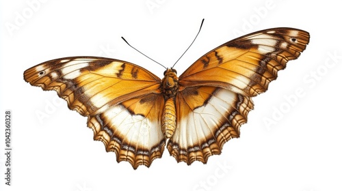 A beautiful, brown and white butterfly with its wings spread wide, isolated on a white background.