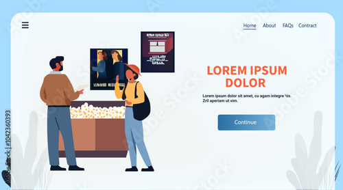 People buying popcorn at cinema counter Movie posters on wall Man and woman interacting Modern website design with sidebar menu and buttons