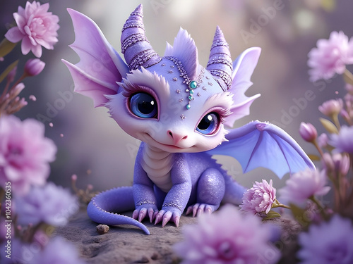 Cute 3d art of an adorable baby dragon with wings photo