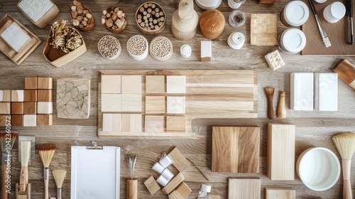 Woodworking materials and tools arranged on wooden surface photo