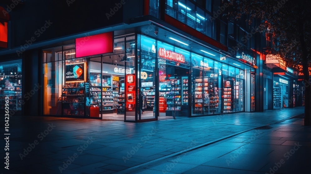 A street view of a tech store with glowing signage promoting Black Friday electronics deals A street view of a tech store with glowing signage promoting Black Friday electronics deals
