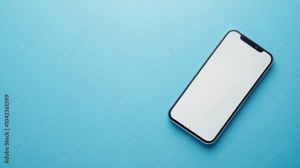 A black smartphone with a blank screen on a light blue background. A black smartphone with a blank screen on a light blue background.
