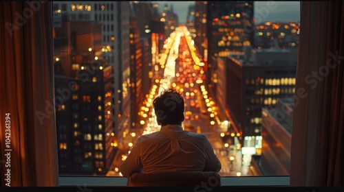 Fototapeta Naklejka Na Ścianę i Meble -  a quiet evening at a small city hotel, guest sitting by a large window, city lights and bustling streets in the background