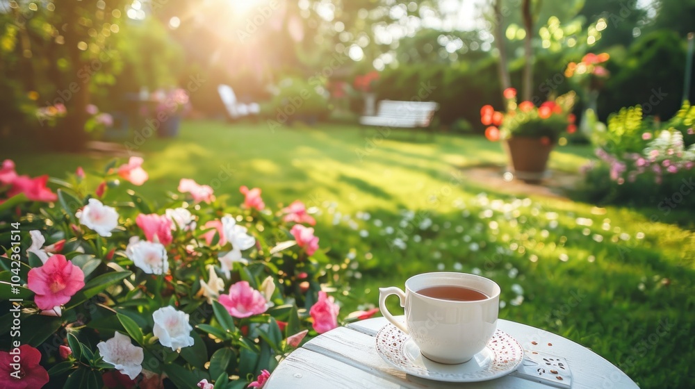 a quiet garden in a Bed and Breakfast, with a small table set for tea, surrounded by blooming flowers and dappled sunlight a quiet garden in a Bed and Breakfast, with a small table set for tea, surrounded by blooming flowers and dappled sunlight