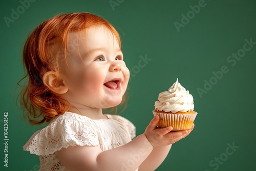 Baby with red hair, wearing a dress, holding a cupcake, joyful, green background, side view 2 photo