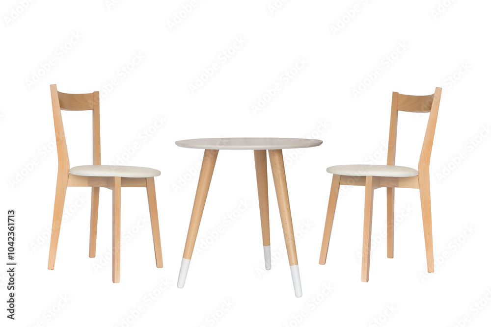 white round table and two chairs isolated on a white background. wooden furniture white round table and two chairs isolated on a white background. wooden furniture