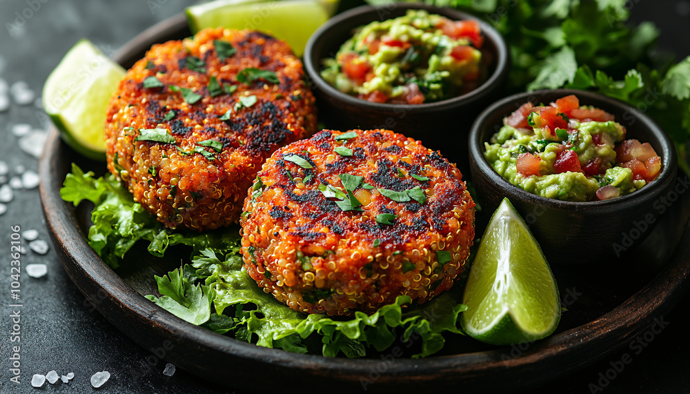 Golden-brown veggie patties with guacamole and salsa, fresh lime and herbs on a dark wooden plate. Perfect for vegan, paleo, or ketogenic diet concept. Golden-brown veggie patties with guacamole and salsa, fresh lime and herbs on a dark wooden plate. Perfect for vegan, paleo, or ketogenic diet concept.