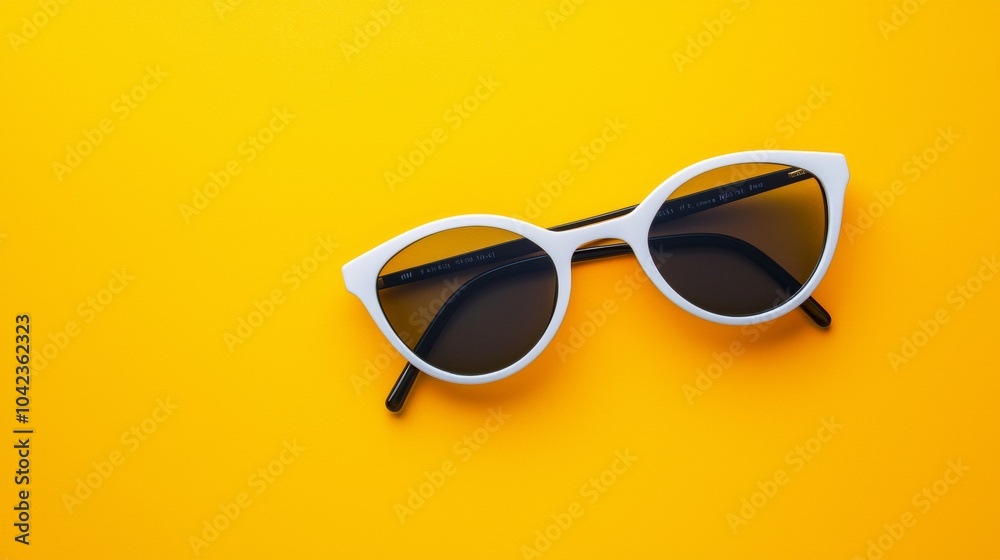 White sunglasses with black lenses on a vibrant yellow background White sunglasses with black lenses on a vibrant yellow background