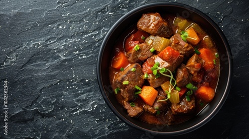 Hearty Beef Stew in Black Bowl on Rustic Slate