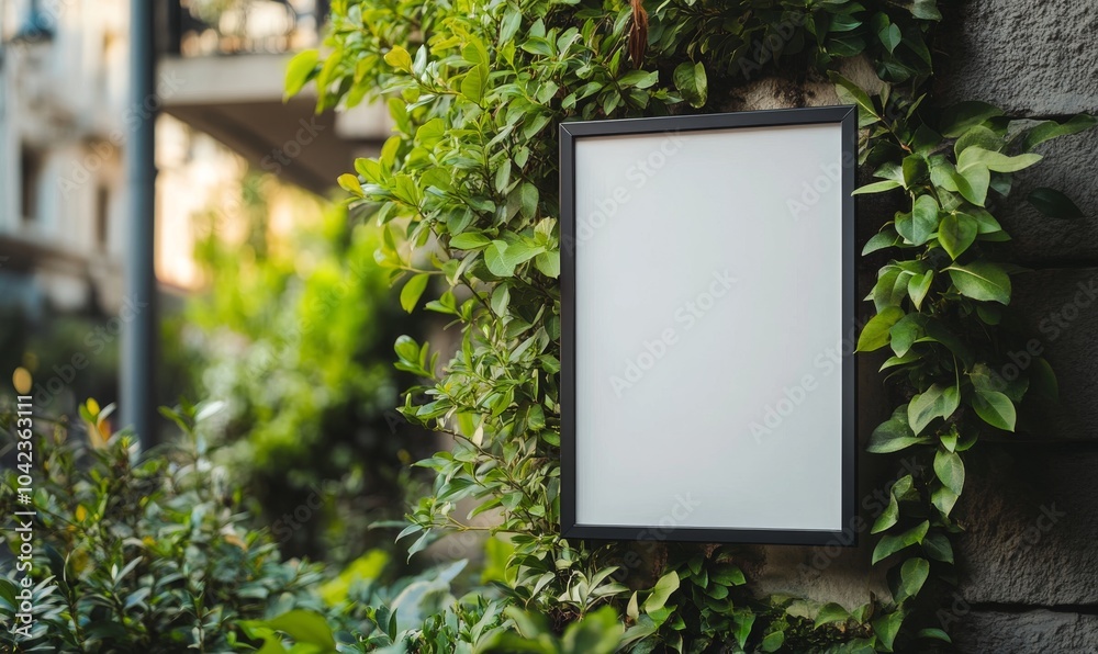 A blank sign with a black frame mounted on a brick wall with green vines. A blank sign with a black frame mounted on a brick wall with green vines.