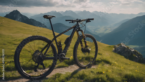 Outdoor sport activity. Mountain bike on the trail om mountain top.