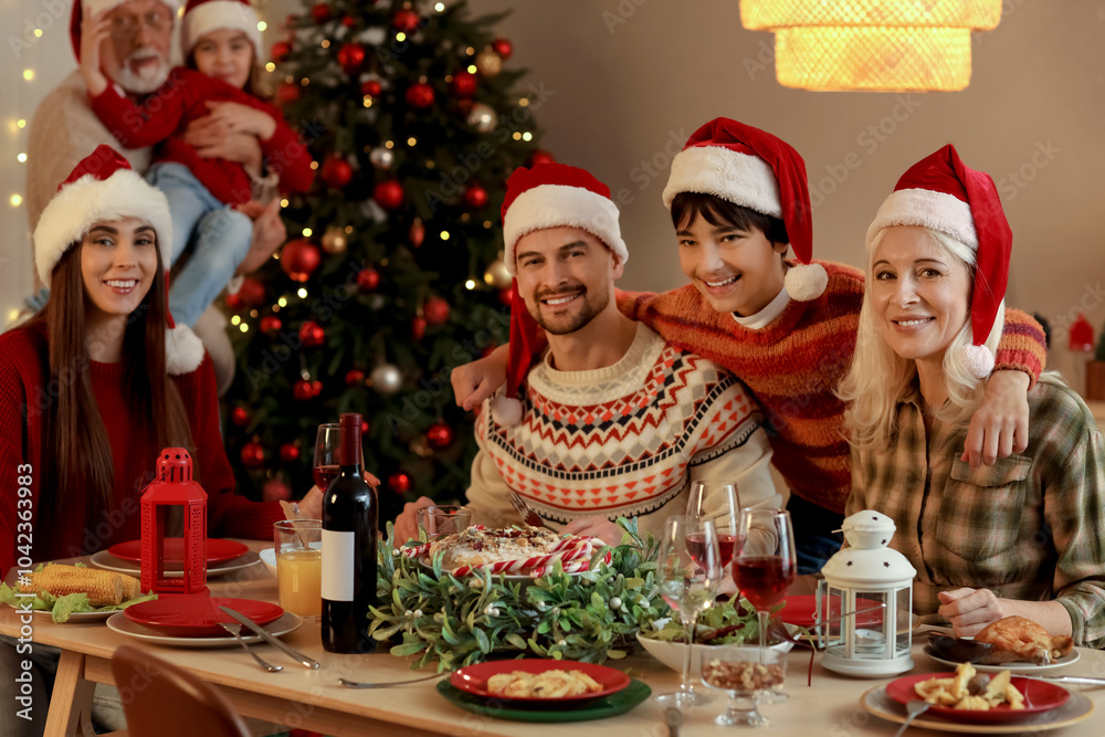 Big family having Christmas dinner at home in evening Big family having Christmas dinner at home in evening