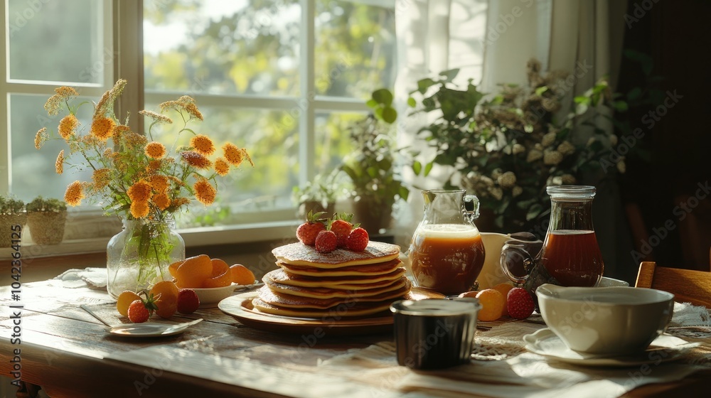 A beautifully arranged breakfast table with pancakes and fresh fruit, representing the warmth of family gatherings A beautifully arranged breakfast table with pancakes and fresh fruit, representing the warmth of family gatherings