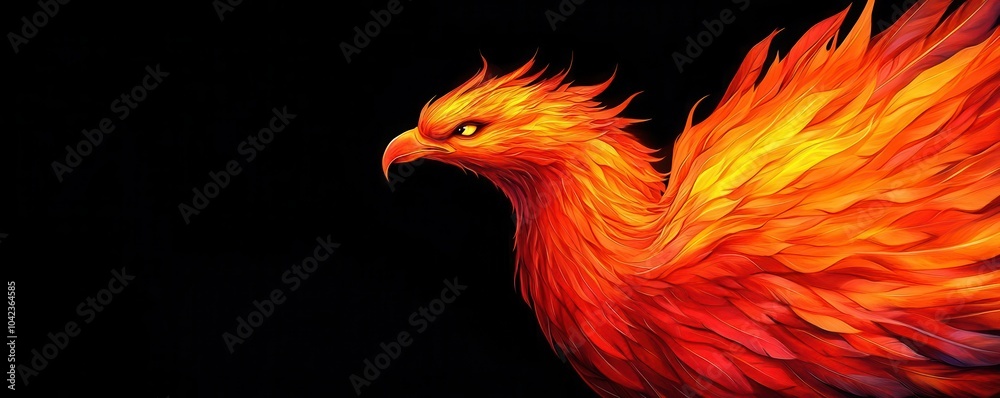 A phoenix rising from the ashes, wings aflame, with a fierce expression of rebirth