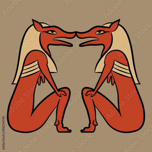 Symmetrical animal design with two seated Ancient Egyptian pharaoh foxes.
