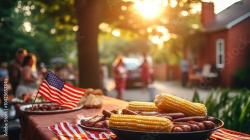 Outdoor Fourth of July party with BBQ, patriotic decor, and a blurred American flag in the background. photo