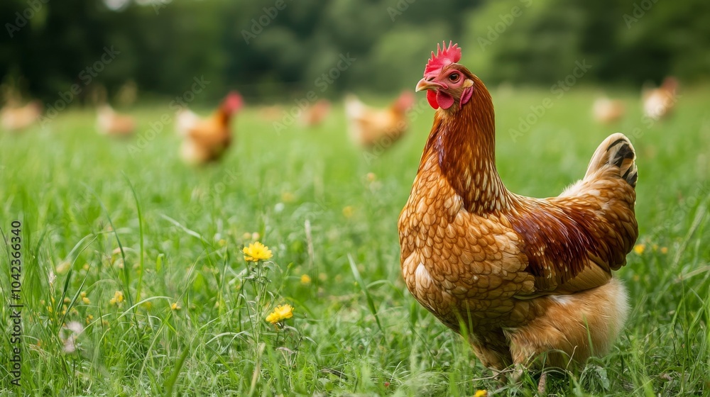 Fototapeta premium A brown hen stands in a grassy field with other hens in the background.