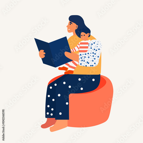 Mother reading to child family bonding. Woman with baby on lap reading book sitting on orange bean bag wearing polka dot pants. Minimalist flat design