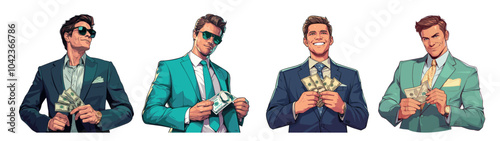 Cartoon millionaire man set. Rich businessman holding money banknote, financial wealth concept vector illustration