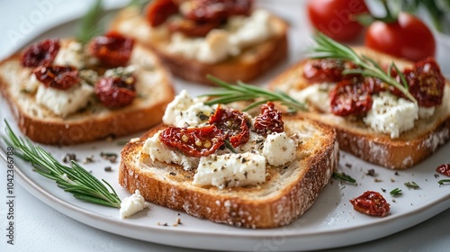 Wallpaper Mural toasted bread sandwich topped with feta, sun-dried tomatoes, and rosemary on a white plate Torontodigital.ca