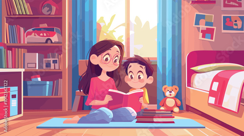 Cartoon mother and child reading. Mom and son with fairytale book sitting in kids room, happy family vector illustration