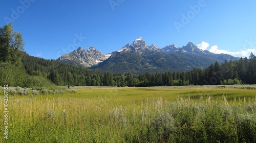 A wide, grassy meadow framed by forested hills with majestic snow-capped mountain peaks in the distance on a sunny day with clear blue skies.