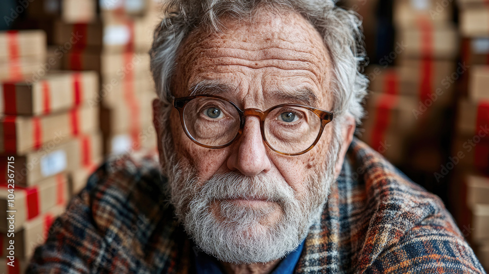 An older gentleman with a beard and round glasses sits in a busy warehouse, surrounded by cardboard boxes, deep in thought An older gentleman with a beard and round glasses sits in a busy warehouse, surrounded by cardboard boxes, deep in thought