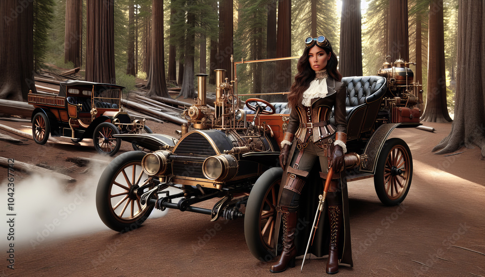 Obraz premium Steampunk woman with vintage car in a forest setting. Generated AI.