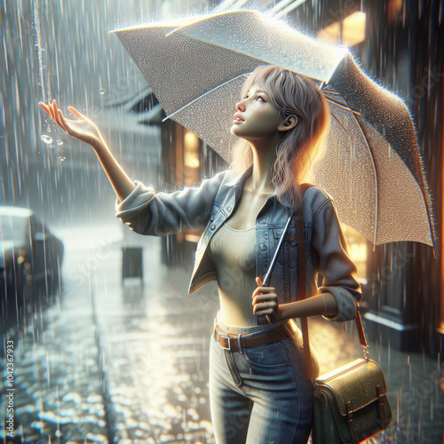 Woman in the rain holding an umbrella and enjoying the moment. Generated AI.