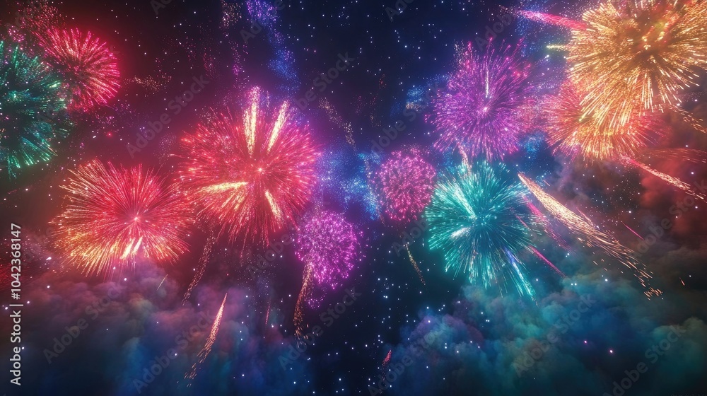 Fototapeta premium A colorful array of fireworks bursting simultaneously, filling the sky with vibrant trails of light