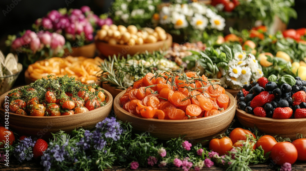 This display features a colorful selection of fruits and vegetables, showcasing the bounty of spring's harvest during a vibrant market day This display features a colorful selection of fruits and vegetables, showcasing the bounty of spring's harvest during a vibrant market day