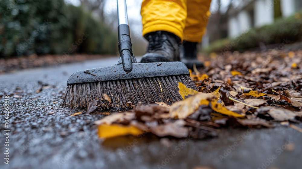 Fototapeta premium A person in yellow rain gear sweeps wet leaves off a sidewalk during a rainy day in a quiet residential neighborhood