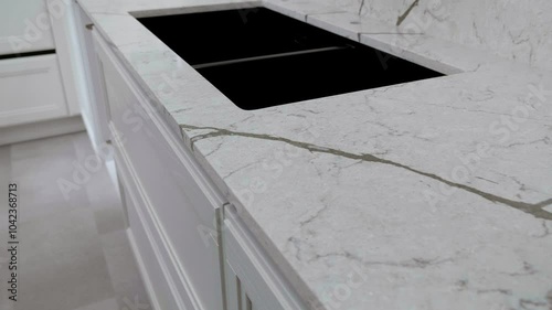 Trendy quartz stone with luxury background texture. Kitchen countertops with modern interior design and counters. Nobody