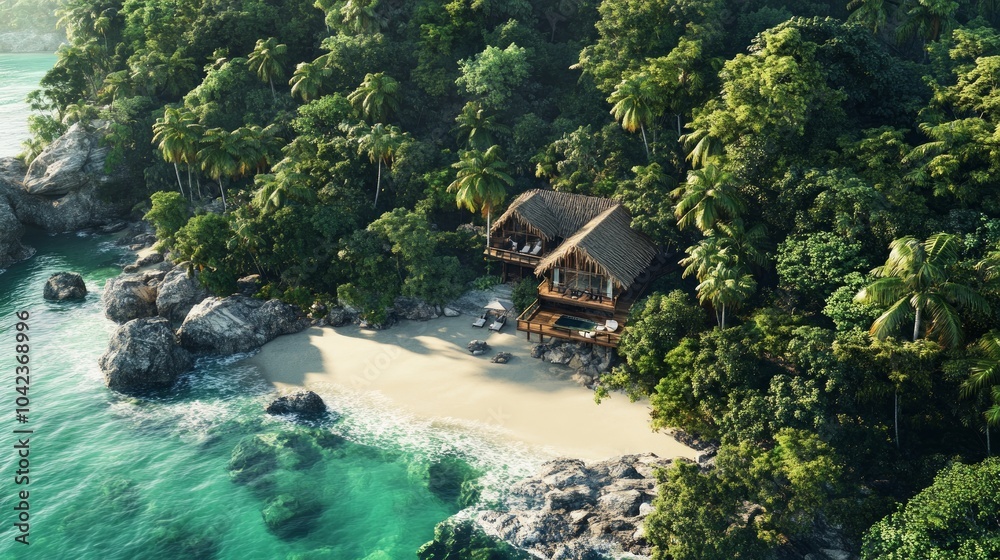 An aerial view of a tropical beach with a secluded wooden bungalow, surrounded by lush greenery and turquoise waters. An aerial view of a tropical beach with a secluded wooden bungalow, surrounded by lush greenery and turquoise waters.
