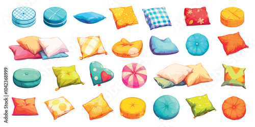 Cartoon pillows set. Home interior cushions, design textile decoration for bed sofa, cozy soft sleep pillow vector illustration