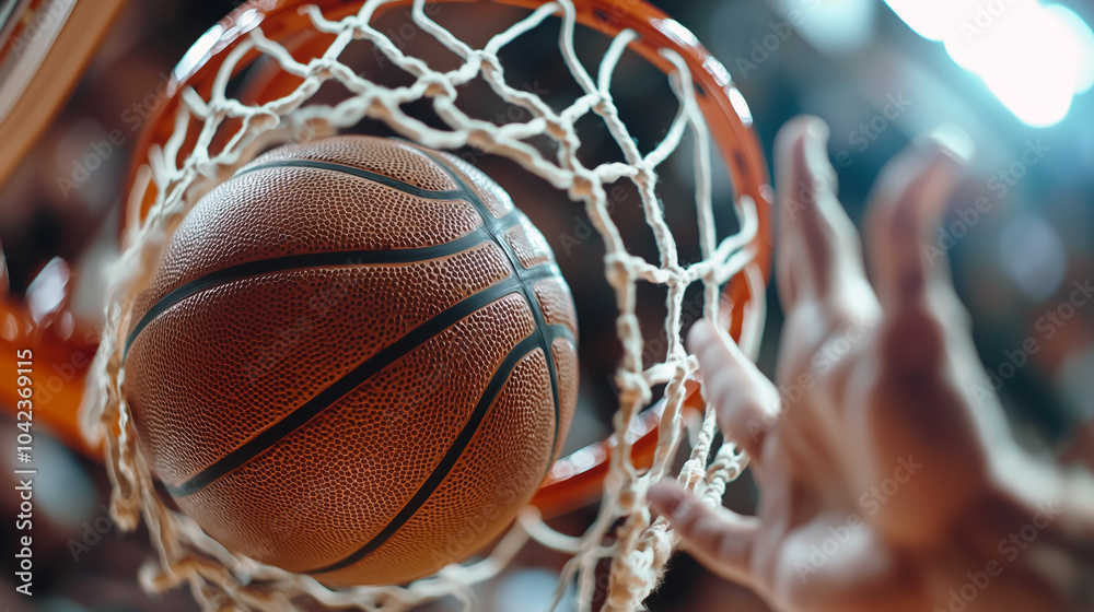 Fototapeta premium Basketball ball soaring through the hoop during the game. A basketball is captured in mid-air as it soars the hoop, showcasing the thrill of the game.