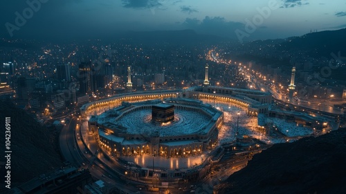 An aerial view of the Kaaba in Mecca, Saudi Arabia, at night. 