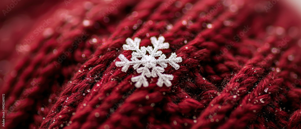 A delicate snowflake rests on a cozy red knitted fabric, blending winter elegance with seasonal warmth. A delicate snowflake rests on a cozy red knitted fabric, blending winter elegance with seasonal warmth.