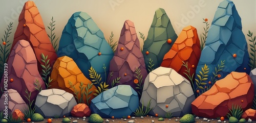 Colorful stylized rocks with foliage, perfect for backgrounds, illustrations, or nature themed projects in graphic design, children's media, and landscaping. photo