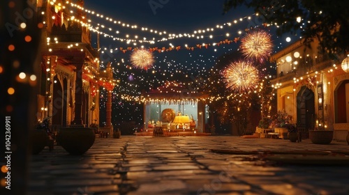 A Diwali celebration with fireworks in the background, reflecting off the lights of a decorated courtyard