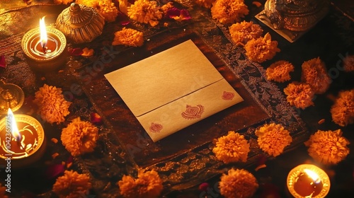 A Diwali envelope mockup lying on a richly decorated table with marigolds and lit diyas around