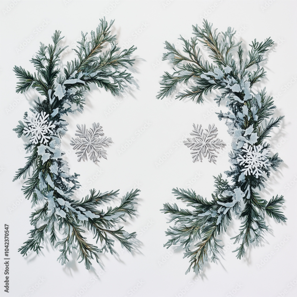 green pine leaves and snowflakes on a white background.Minimal creative Christmas holiday concept.Flat lay green pine leaves and snowflakes on a white background.Minimal creative Christmas holiday concept.Flat lay