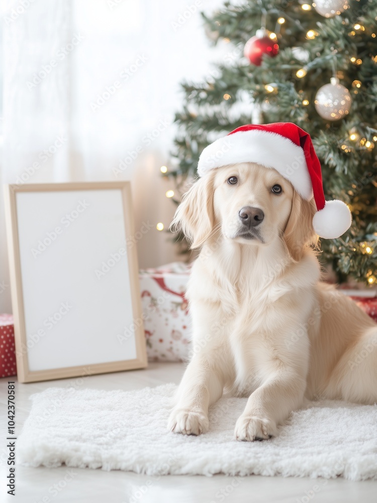 Mockup Frame with Golden Retriever in Santa Hat Posing by Christmas Tree Mockup Frame with Golden Retriever in Santa Hat Posing by Christmas Tree