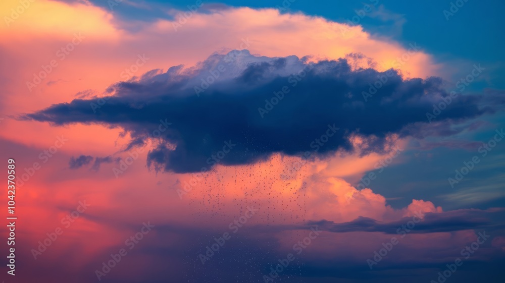 Fototapeta premium Dark cloud filled with visible raindrops against a blue sky background. The cloud is surrounded by a vibrant orange and pink sky
