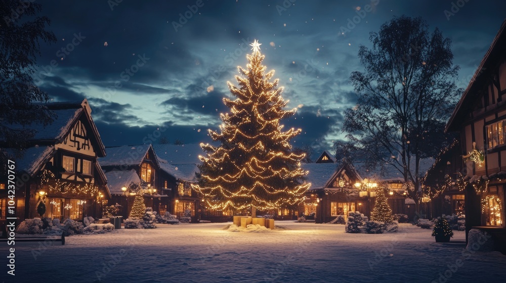 A giant Christmas tree at the center of a winter village square A giant Christmas tree at the center of a winter village square