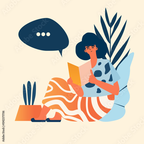 Woman reading book relaxing at home. Cozy leisure scene with plants and speech bubble. Warm colors and abstract shapes. Perfect for website design or banners