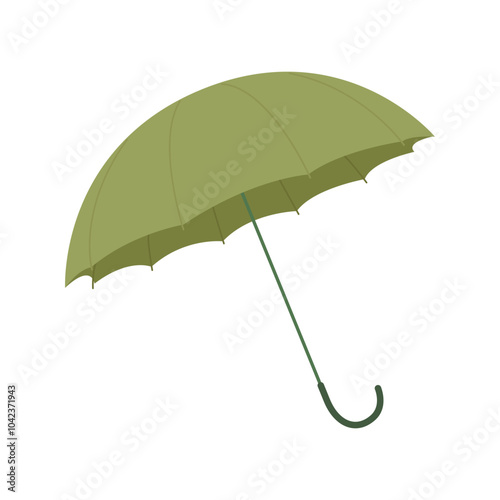 Open green umbrella, protective cute accessory with handle vector illustration