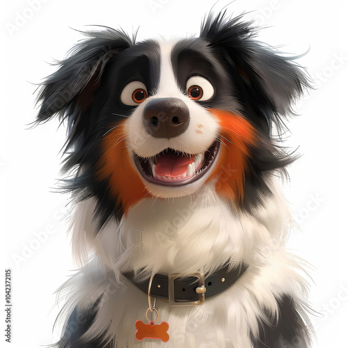 A cheerful cartoon dog with black and white fur and bright eyes stands out with an engaging smile. It wears a collar with a tag, exuding a fun and playful attitude that captivates viewers. photo