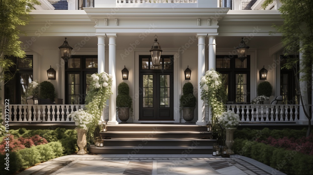 Fototapeta premium Welcome guests with a stunning white front door, framed by a classic porch and Georgian architecture.